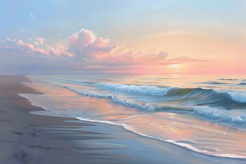 ultra-realistic depiction of a pristine beach at sunrise, with gentle waves lapping against the...