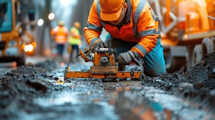 A close-up of a surveyor or builder site engineer using a theodolite total station at an outdoor construction site during surveying work