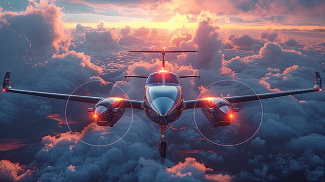 A close-up view of a single turboprop aircraft, a small private plane, gracefully soaring through a vibrant field of blue clouds