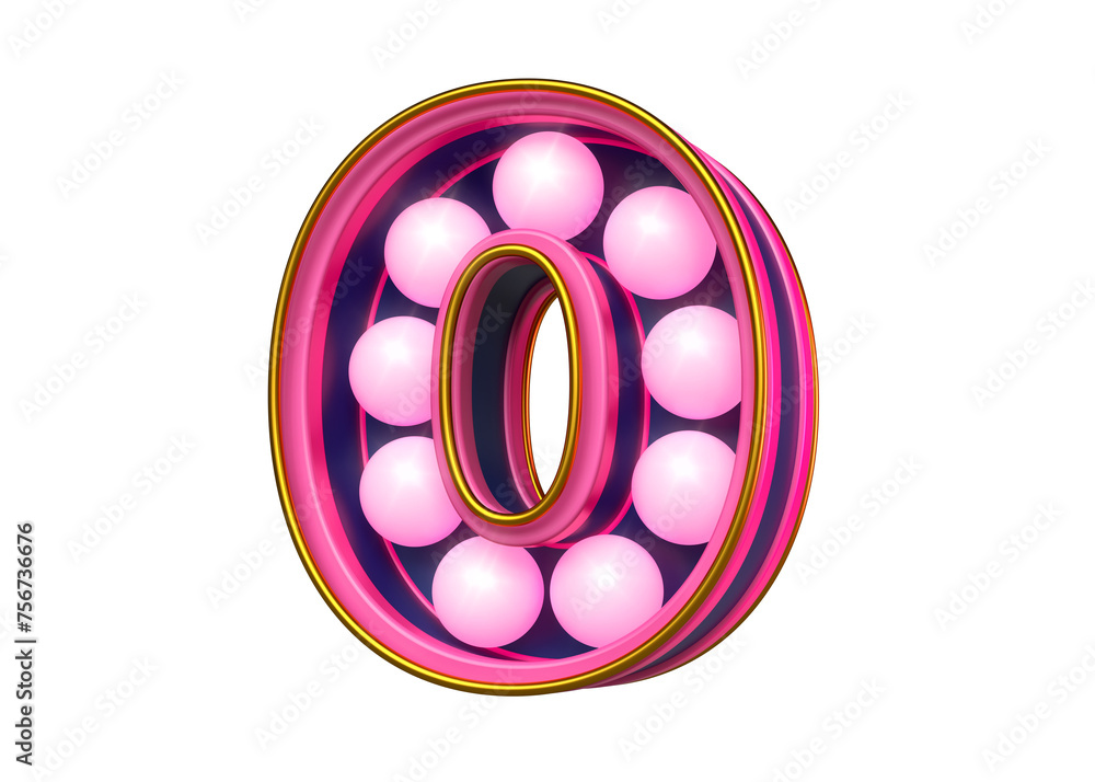 Poster marquee 3d font digit number 0 in bright pink and marine blue. high quality 3d rendering.
