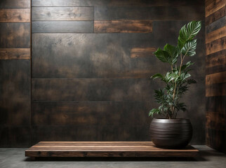 Wooden Table with Little Potted Plants Against Textured Wall. Space available for mockup use.