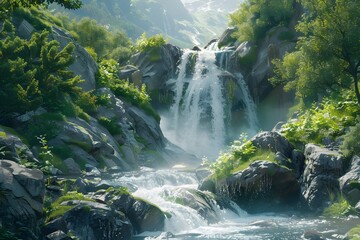 ultra-realistic image of a cascading waterfall in a pristine wilderness, the water glistening in...
