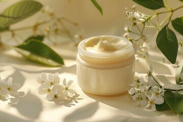 Obraz na płótnie Canvas A jar of cream surrounded by flowers and leaves, perfect for beauty products advertising
