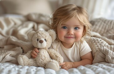 Little girl with teddy bear laying on bed, smiling softly