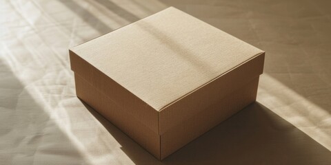 A box placed on a bed near a window. Suitable for home decor themes