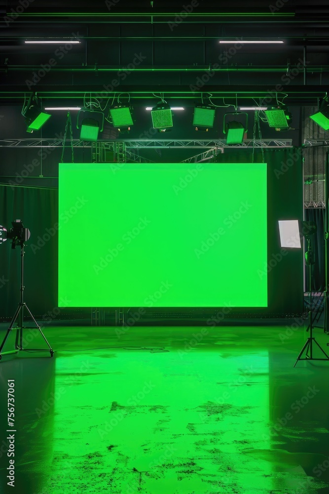 Poster a green screen set up in a dark room. perfect for video editing projects