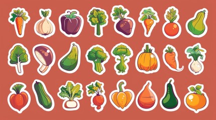 A collection of stickers featuring different types of vegetables. Perfect for food and nutrition projects - obrazy, fototapety, plakaty