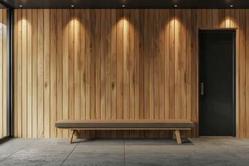 A bench is positioned in front of a rustic wooden wall, creating a simple and practical seating area.