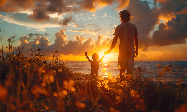 Adult and child holding hands at sunset on the beach with clouds. Family and nature concept. Design for travel brochure, family therapy, and postcard. Emotional shot 