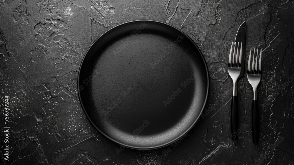 Poster a simple table setting with a black plate, fork, and knife. ideal for food-related designs