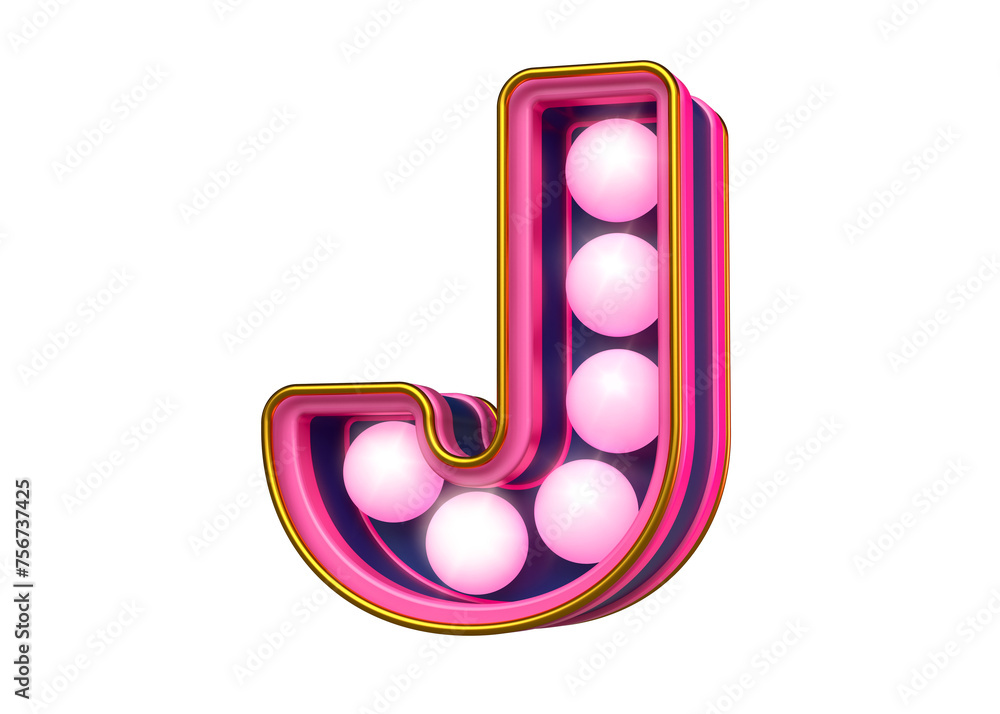 Poster broadway marquee letters font character j in magenta and blue. attractive luminous font of light bul