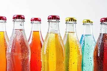 Row of soda bottles filled with different colored liquids. Great for beverage industry promotions