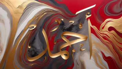 Arabic Name Calligraphy, Ahmed: Golden Elegance on Crimson Marble, AI Generative Art