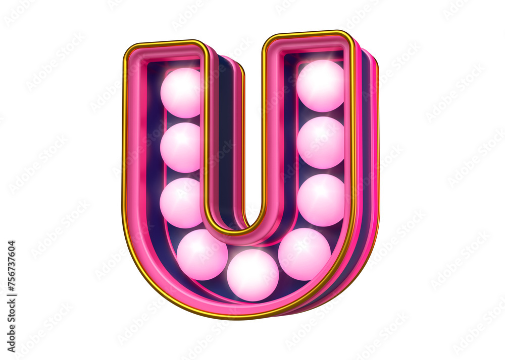 Poster 3d rendering letter u in fluorescent magenta and blue. retro style lettering design with light bulbs