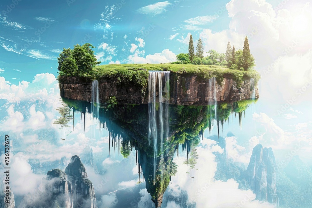 Poster a surreal image of an island floating in the air with a majestic waterfall. ideal for fantasy or dre