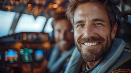 Obraz premium A man with facial hair is happily smiling in the airplane cockpit