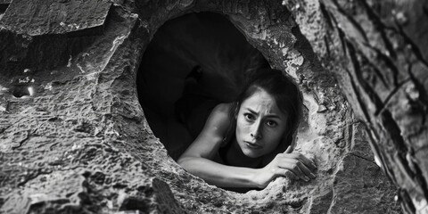 A woman peeking through a hole in a tree. Suitable for nature or curiosity concepts - obrazy, fototapety, plakaty