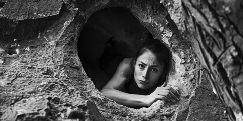 Foto op Aluminium A woman peeking through a hole in a tree. Suitable for nature or curiosity concepts © Fotograf