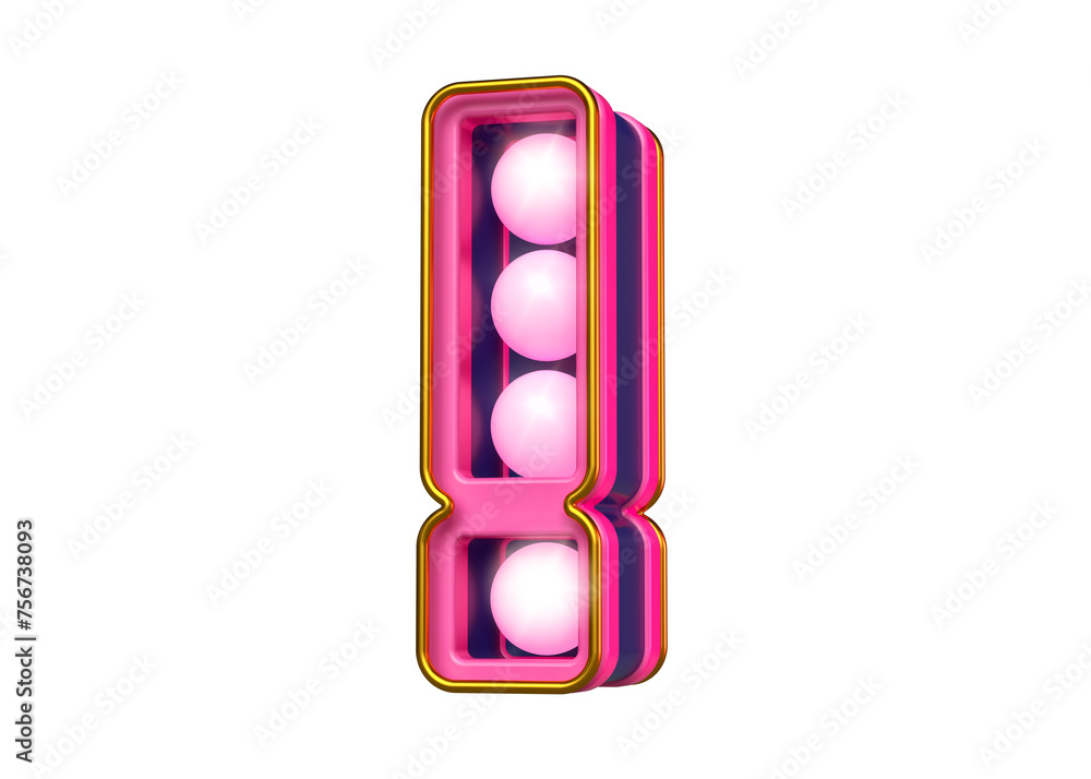 Poster lightbox with light bulbs in the shape of exclamation point in bright pink and blue. high quality 3d
