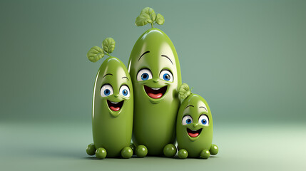 Family of Cute green pea 3d cartoon character, generative ai