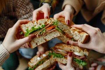 A group of people holding sandwiches, perfect for food and lifestyle concepts
