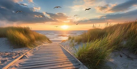 Foto op Plexiglas Holzweg zum Strand, Sonnenaufgang in den Dünen an der Ostsee © Fabian