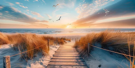 Fotobehang Holzweg zum Strand, Sonnenaufgang in den Dünen an der Ostsee © Fabian