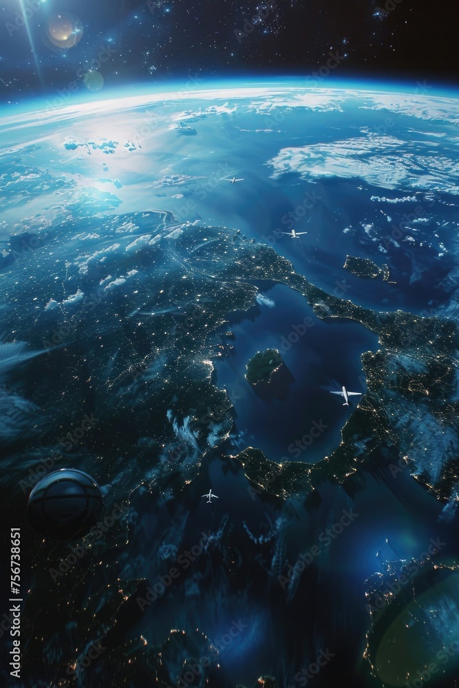 Poster a stunning view of the earth illuminated at night. perfect for science or technology concepts