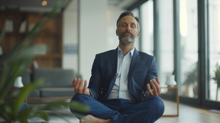 Businessman practicing yoga, suitable for wellness and work-life balance concepts - obrazy, fototapety, plakaty