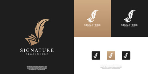 Fototapeta na wymiar Quill signature logo design template. Minimalist feather, pencil, ink, author, writing, note, notary and etc.