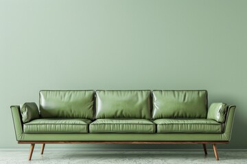 A green leather couch is placed against a matching green wall in a room.