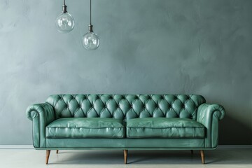 A green leather couch is placed in the living room, adding a touch of elegance to the decor.