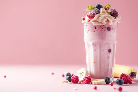 Pink image of a banana and berries protein shake with copy space