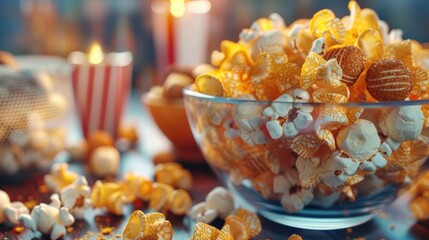 Popcorn in a glass bowl on a table, perfect for food and snack concepts - obrazy, fototapety, plakaty