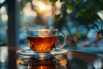 Tuinposter Cup of black tea with aromatic drink on wooden table, relax with tea time concept. Good Morning. Tea for Breakfast. AI concept. © Crystal