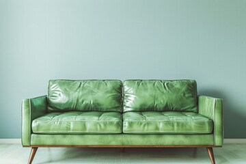 A vibrant green leather couch stands out against a solid blue wall in a modern living room setting.
