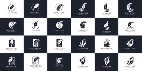 Set of quill signature logo design inspiration. Symbol for book story, feather, pencil, ink, author, writing, note, notary and etc.