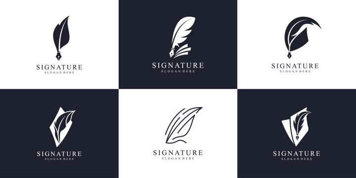 Set of quill signature logo design template. Minimalist book story, feather, pencil, inks, author, writing, note, notary and etc.