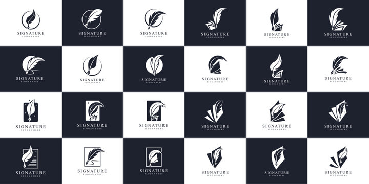Set of quill signature logo design inspiration. Symbol for book story, feather, pencil, ink, author, writing, note, notary and etc.