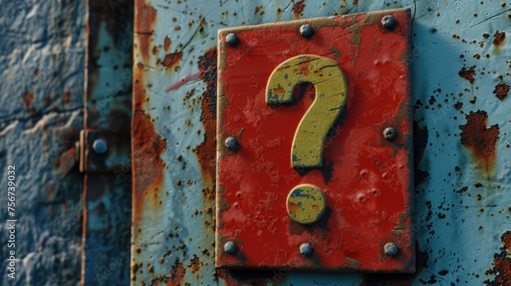 Poster a rusted metal sign with a question mark, suitable for various concepts