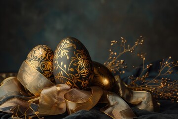 Two golden painted eggs on a black cloth, perfect for Easter or festive celebrations