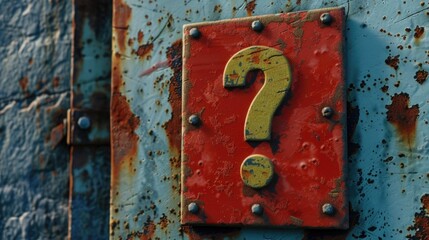 A rusted metal sign with a question mark, suitable for various concepts