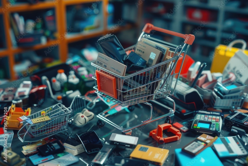 Poster a shopping cart filled with electronic devices, suitable for technology and shopping concepts