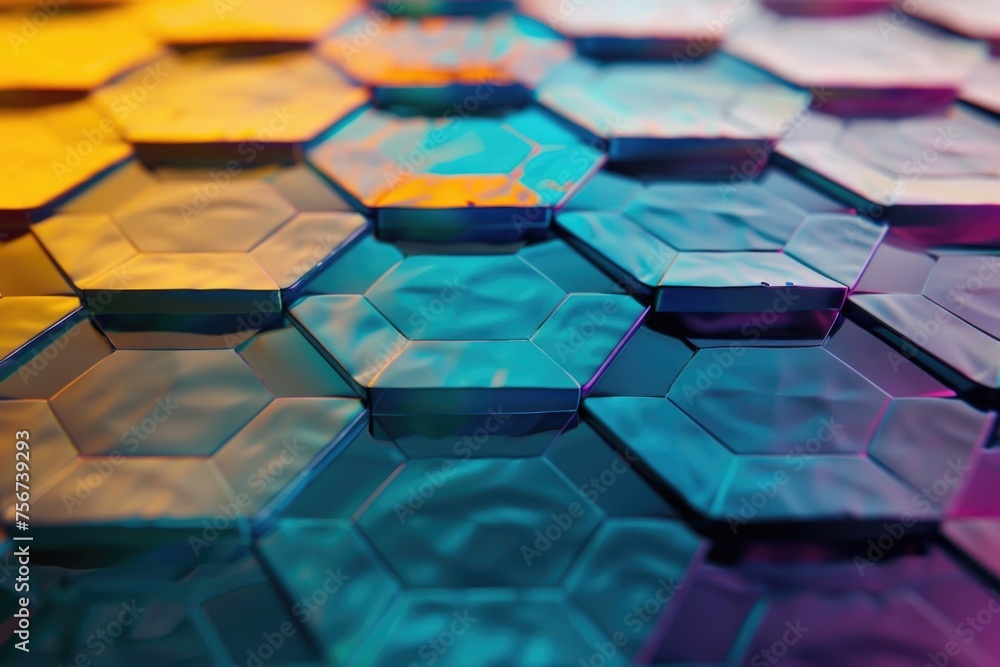 Poster Colorful hexagonal shapes arranged on a table, perfect for educational or design projects