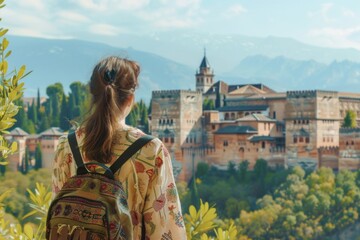 Woman with backpack looking at a castle, ideal for travel themes - Powered by Adobe