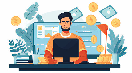 Earning an Income through Online Employment Opportunities. Young man is working at computer.