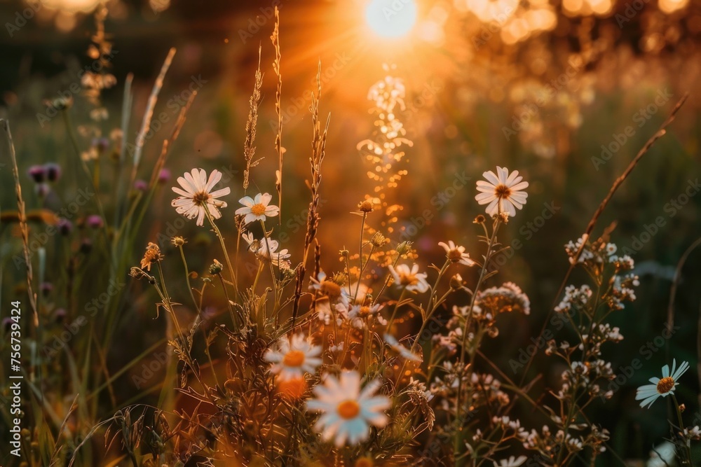 Poster beautiful field of wildflowers with the sun setting in the background. ideal for nature and landscap