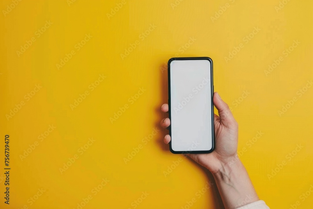 Poster a person holding a phone with a blank white screen. suitable for technology concepts