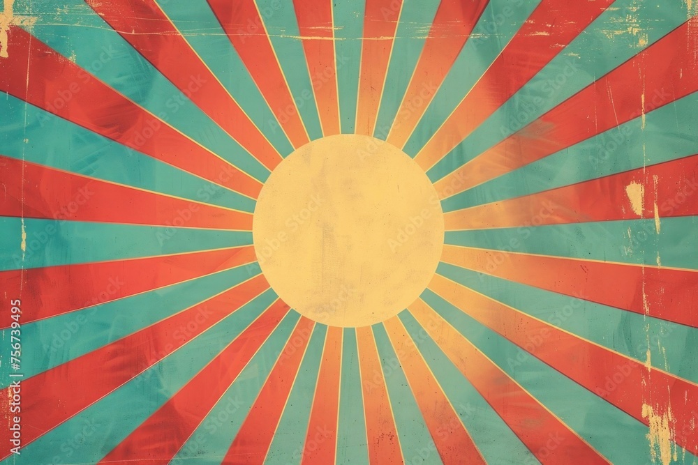 Poster vibrant red, blue, and yellow sunburst background. perfect for adding a burst of color to any design