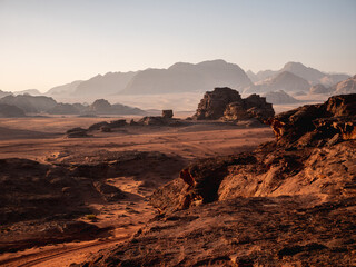 A view of the Wadi Rum desert with limestone rock formation in Jordan.